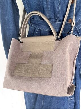 IACUCCI Italy Leather Canvas Tote Crossbody Bag Taupe Minimalist Designer